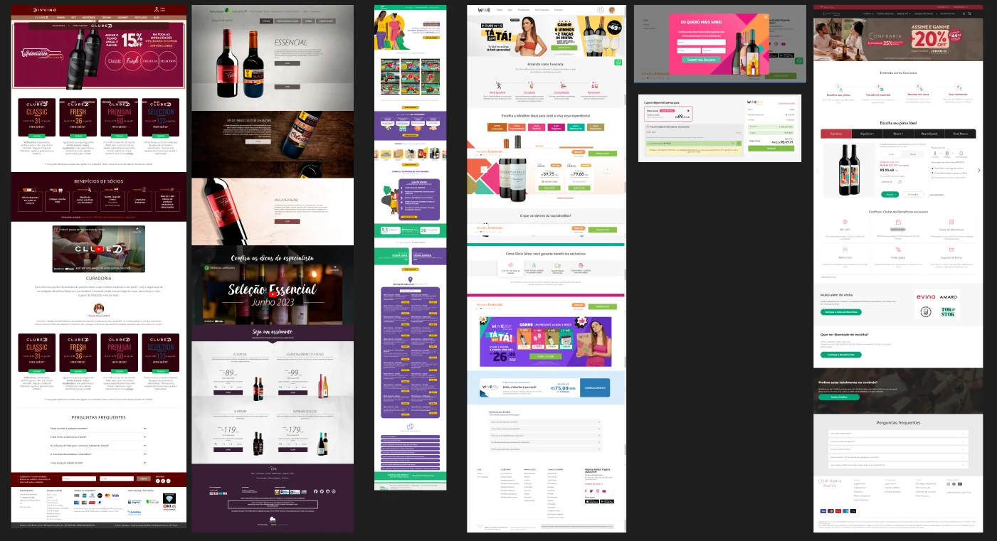 Six club landing pages from Brazilian wine and retail stores, side by side: plan cards, benefit lists, member prices and FAQs.
