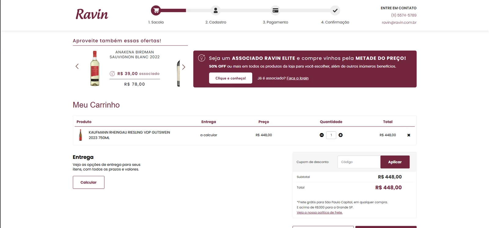 Shopping cart with a Ravin Elite banner offering member prices and a login link, while the order can continue as usual.