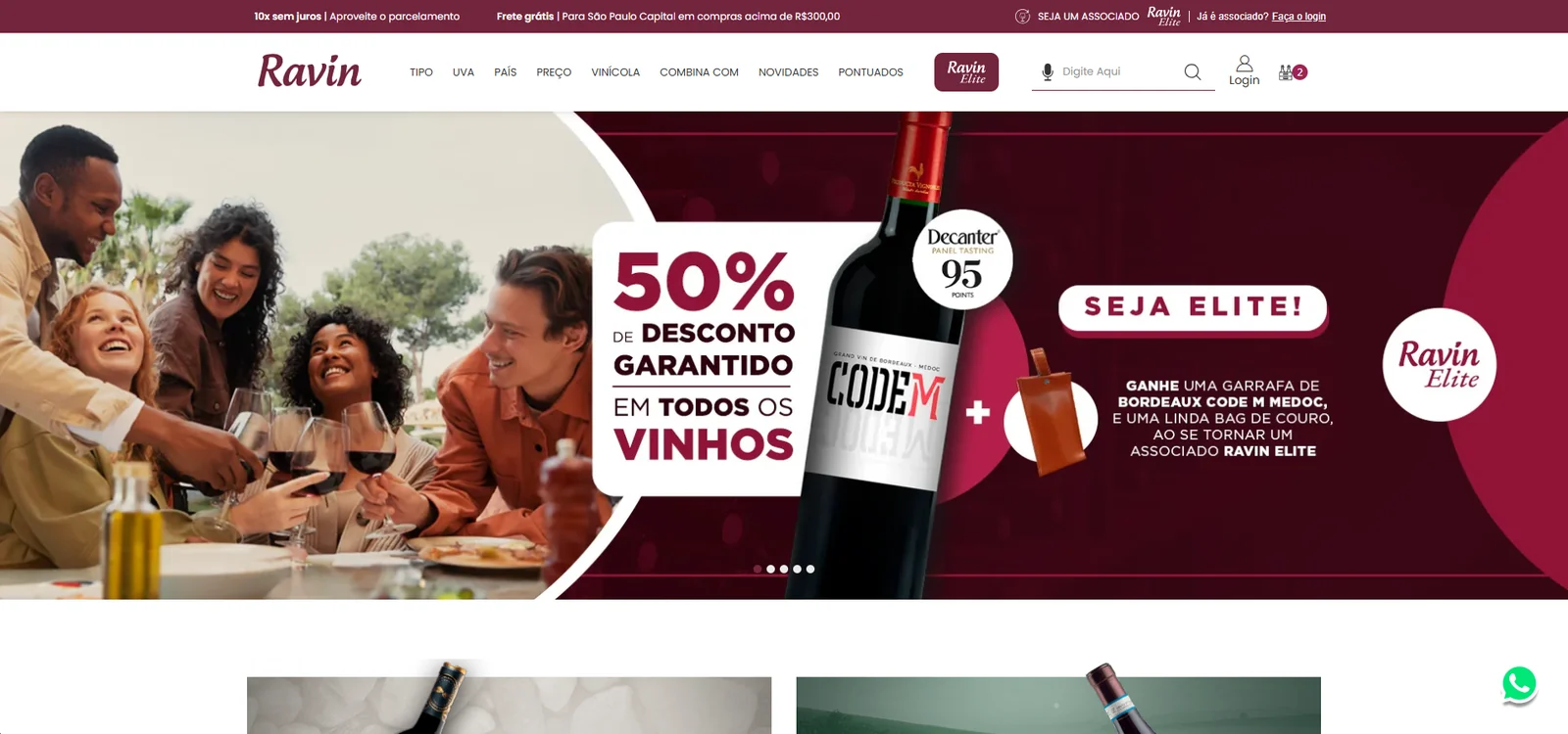 Ravin home page with the Ravin Elite banner: a guaranteed 50% discount on every wine and a welcome gift for new members.